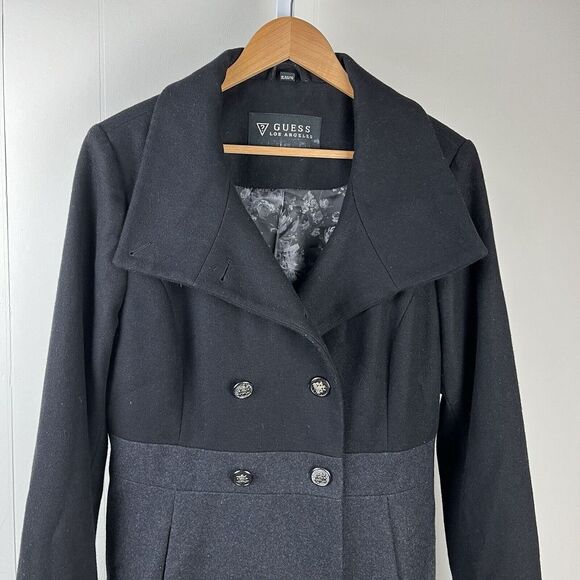 Guess Wool Blend Pea Coat Gray Black‎ Double Breasted Womens XL - Picture 2 of 7